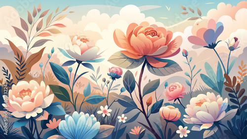 A gentle blend of watercolor flowers in soft hues evokes a peaceful ambiance, reminiscent of a calm morning in a lush garden.