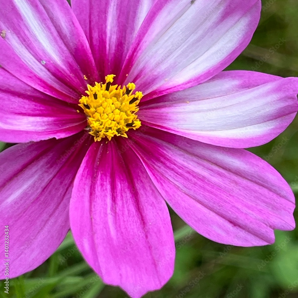 Pink Cosmos Flower in Bloom with white spots. Close-Up with Off-Center Focus Pink Cosmos Flower in Bloom with white spots. Close-Up with Off-Center Focus