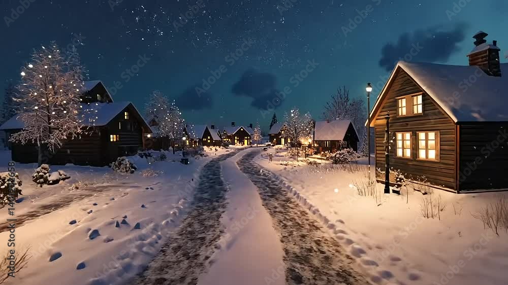 Serene Winter Village at Night with Snow-Covered Cottages Under a Starry Sky Serene Winter Village at Night with Snow-Covered Cottages Under a Starry Sky