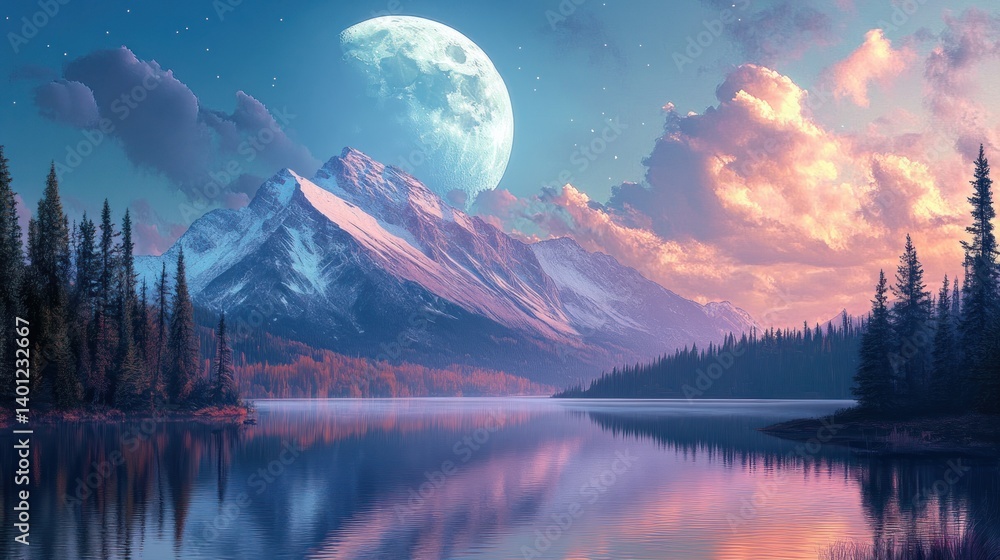 A breathtaking illustration of a lake and mountain with a giant moon rising in the sky, creating a serene atmosphere.