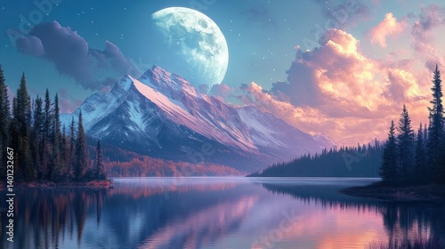 Obraz na płótnie A breathtaking illustration of a lake and mountain with a giant moon rising in the sky, creating a serene atmosphere. w salonie