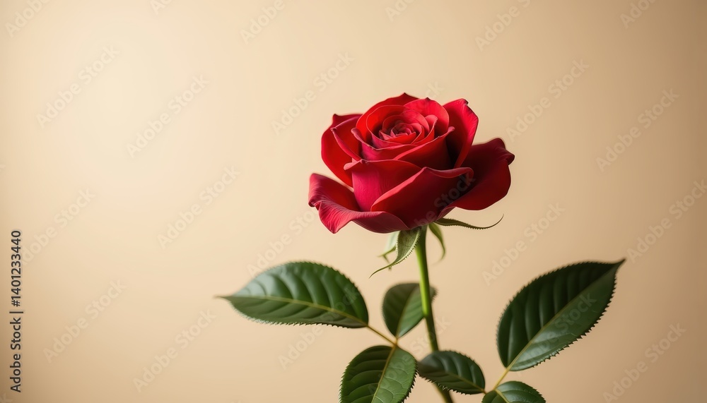 Elegant single red rose with green leaves on beige