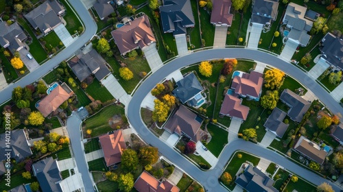 Autumn Aerial View of Suburban Neighborhood with Winding Roads