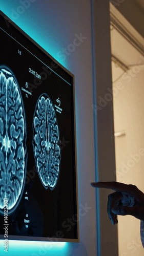 A doctor analyzing a brain scan image displayed on a monitor, providing an in-depth look into the brain's structure and health. This image focuses on medical diagnostics
