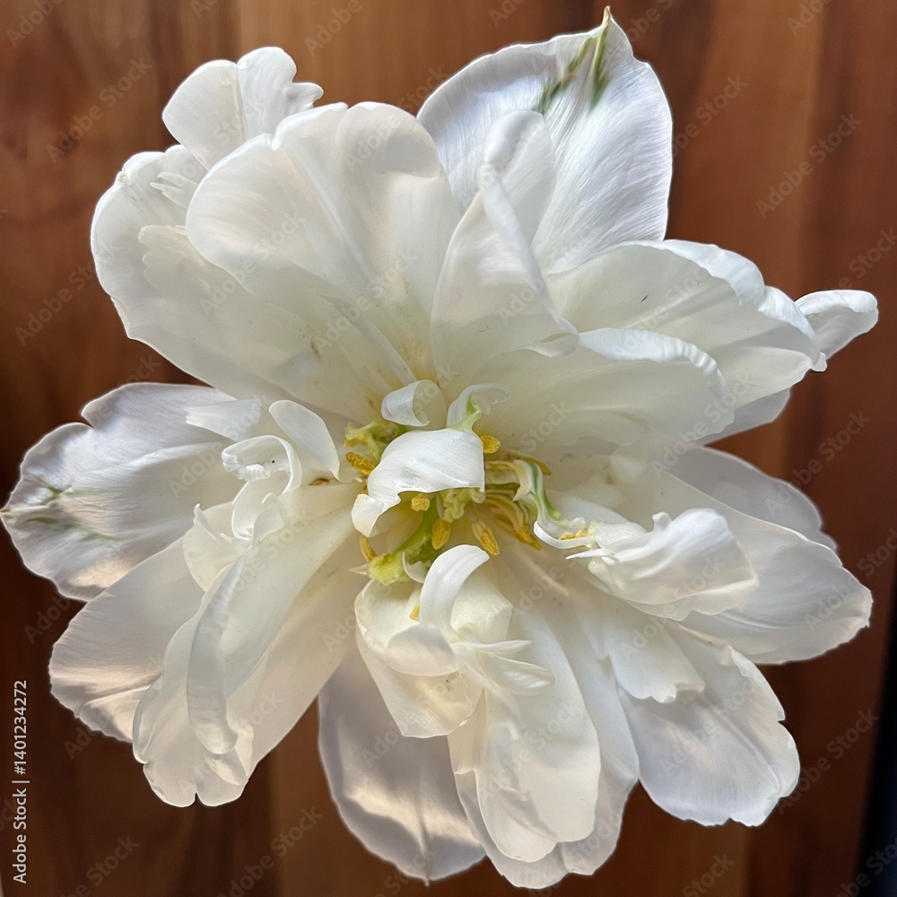 Fototapeta premium White Double Tulip Top-Down View – Mount Tacoma Tulipa in Full Bloom on Wooden Background