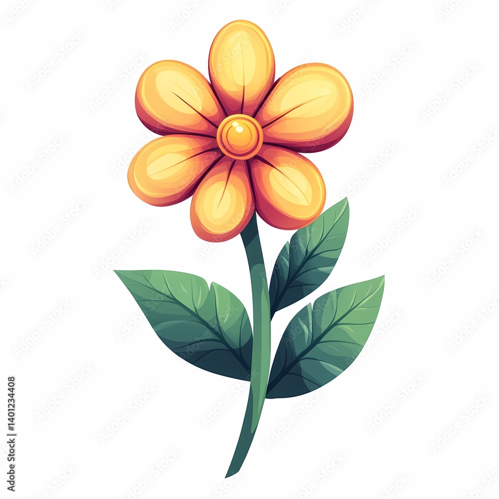 Naklejka premium Vibrant Cartoon Orange Flower Illustration: Delicate Petals and Green Leaves in a Colorful Spring Garden Artwork