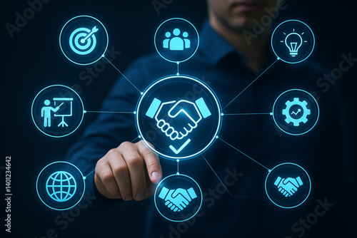 Businessman selecting digital handshake icon among network of business strategy symbols representing successful partnerships and collaboration.