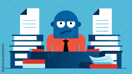 Mountain of Tasks The character is depicted sitting at a desk surrounded by stacks of papers and files that seem to tower over them. Their expression is a mix of frustration and