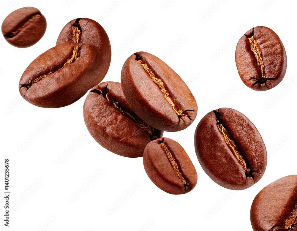 Coffee beans flying isolated on isolated png background. Generative AI.
Coffee beans flying isolated on isolated png background. Generative AI.