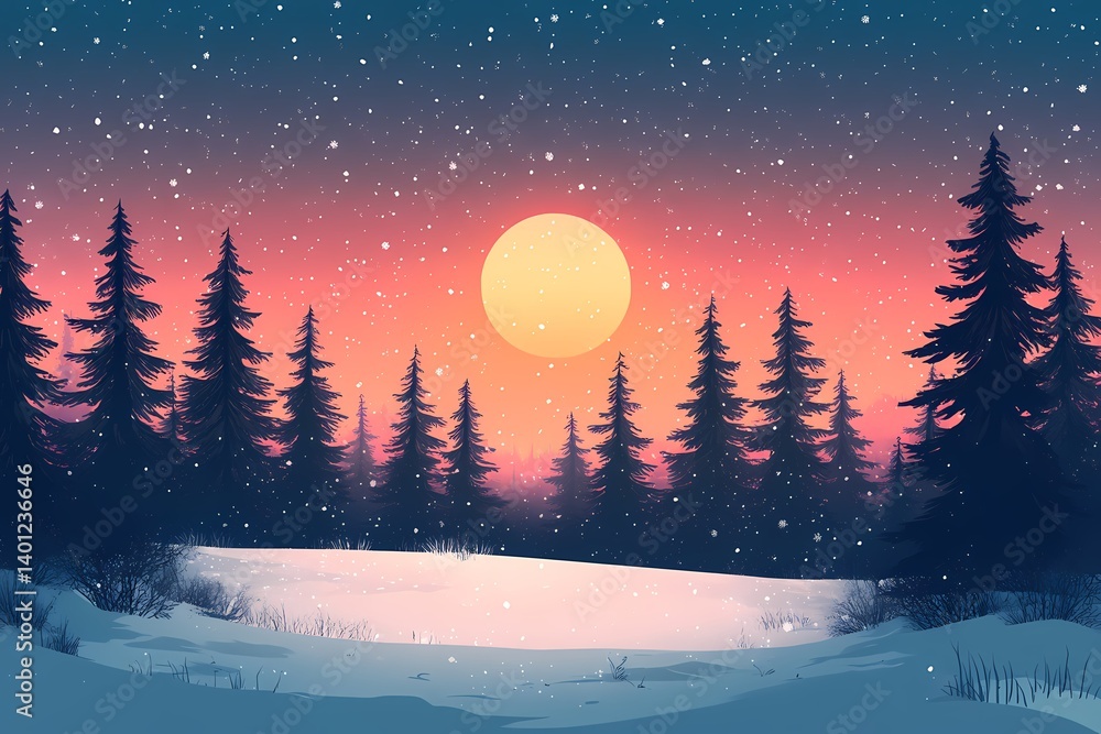 Naklejka premium Winter Sunset in Snowy Forest. Mystical Moonlit Landscape with Vibrant Colors
