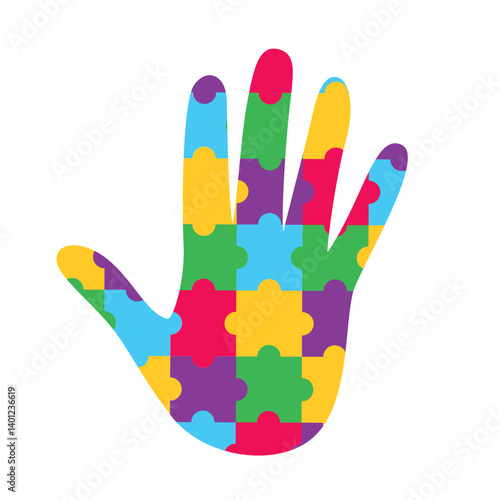 Human hand palm silhouette with a colorful puzzle pattern inside. World Autism Awareness Day. Vector illustration on a white background