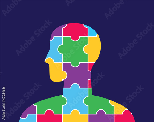Human silhouette with a colorful puzzle pattern inside. World Autism Awareness Day. Vector illustration on a dark background