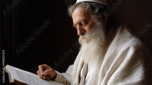 A Jewish rabbi reading from the Torah in close-up