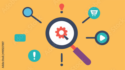 Broken Focus Lens A magnifying glass that is cracked or shattered with various task symbols tered around it representing diminishment of focus and clarity when multitasking.