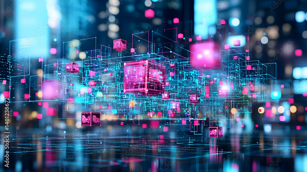Obraz premium Futuristic Digital Cityscape With Glowing Pink Cubes