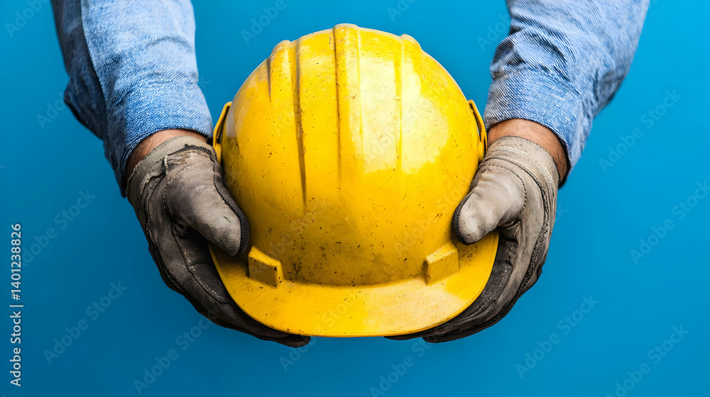 Hands Holding Yellow Safety Helmet On Blue Background