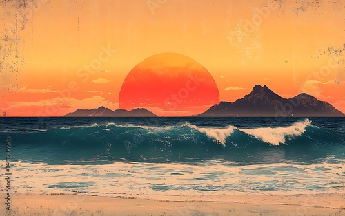A retro grunge surf culture poster with sun-bleached colors, wave motifs, and sandy textures, bright natural lighting, horizon-line perspective