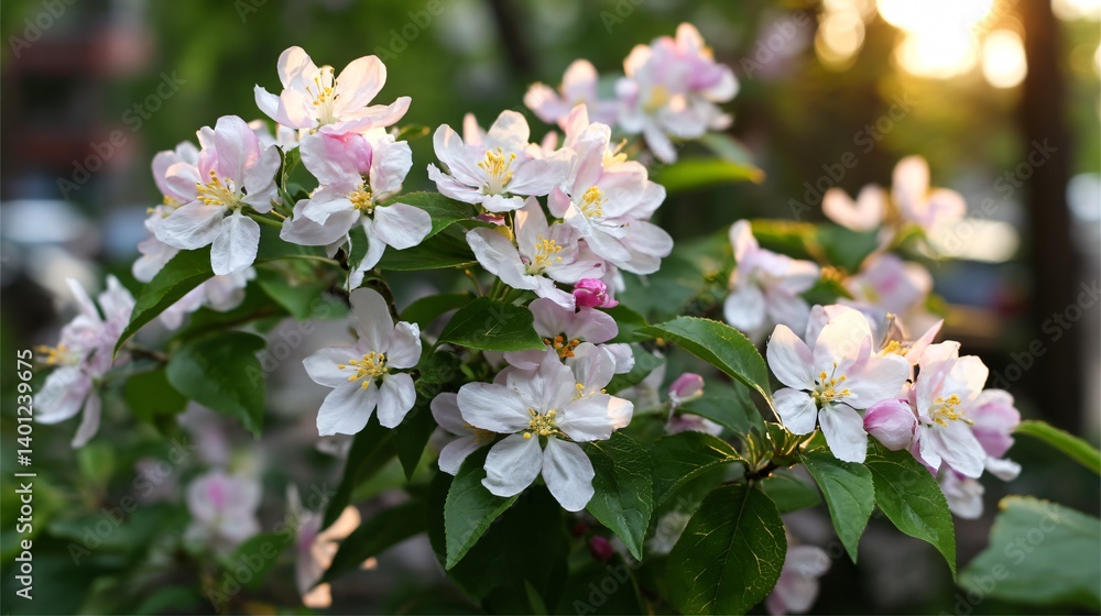 Delicate white and pink blossoms with yellow centers bloom on a branch, bathed in soft sunlight and surrounded by green leaves Delicate white and pink blossoms with yellow centers bloom on a branch, bathed in soft sunlight and surrounded by green leaves