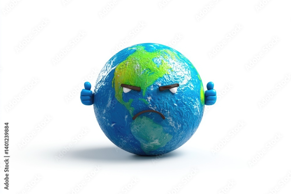 A sad Earth cartoon character with thumbs down, symbolizing environmental concerns. A sad Earth cartoon character with thumbs down, symbolizing environmental concerns.
