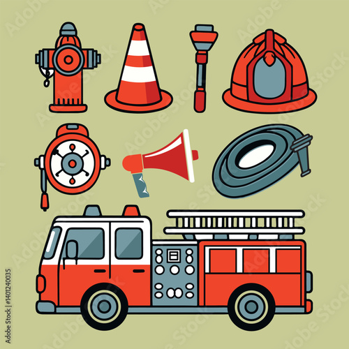 Firefighter Equipment with Truck vector.