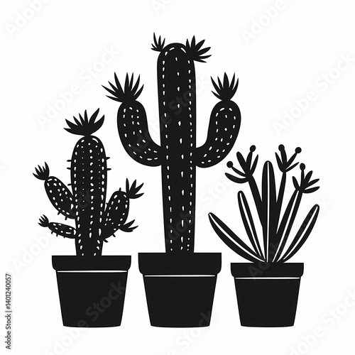 Modern Black and White Cactus Illustration: Minimalist Indoor Plant Vector Art for Botanical Home Decor
