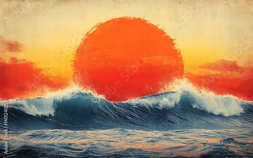 A retro grunge surf culture poster with sun-bleached colors, wave motifs, and sandy textures, bright natural lighting, horizon-line perspective