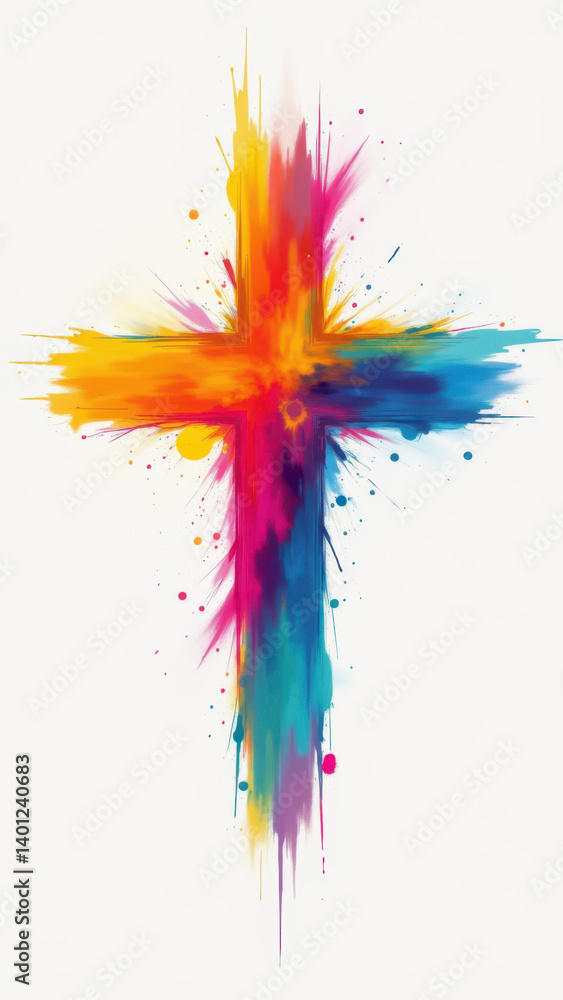 Obraz premium Colorful abstract cross art piece with vibrant splashes.
