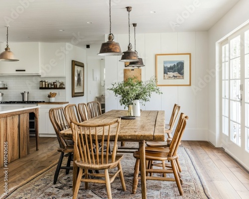 Bright Rustic Farmhouse Dining Room with Wooden Table and Chairs