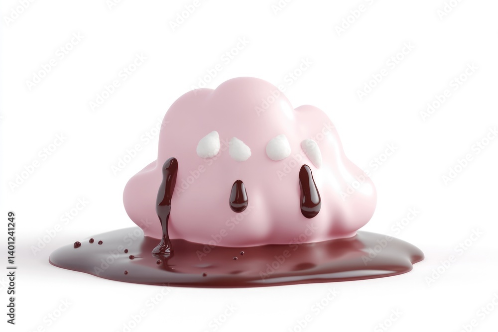 Fototapeta premium A pink cloud-shaped confection drizzled with chocolate, melting on a white background.