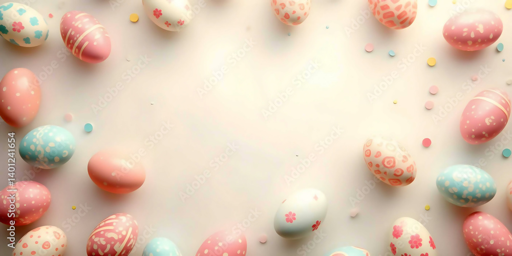 Delicately decorated pastel eggs arranged harmoniously on tranquil background for seasonal joy Delicately decorated pastel eggs arranged harmoniously on tranquil background for seasonal joy