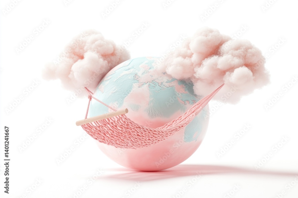 Pink hammock strung around a pastel Earth, nestled in fluffy clouds; peaceful global relaxation. Pink hammock strung around a pastel Earth, nestled in fluffy clouds; peaceful global relaxation.