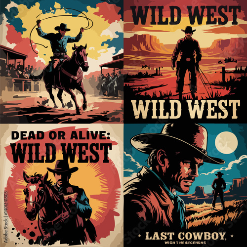 Vintage Western Cowboy on Horseback – Classic Rodeo Sketch with Lasso and Hat in Rustic Style