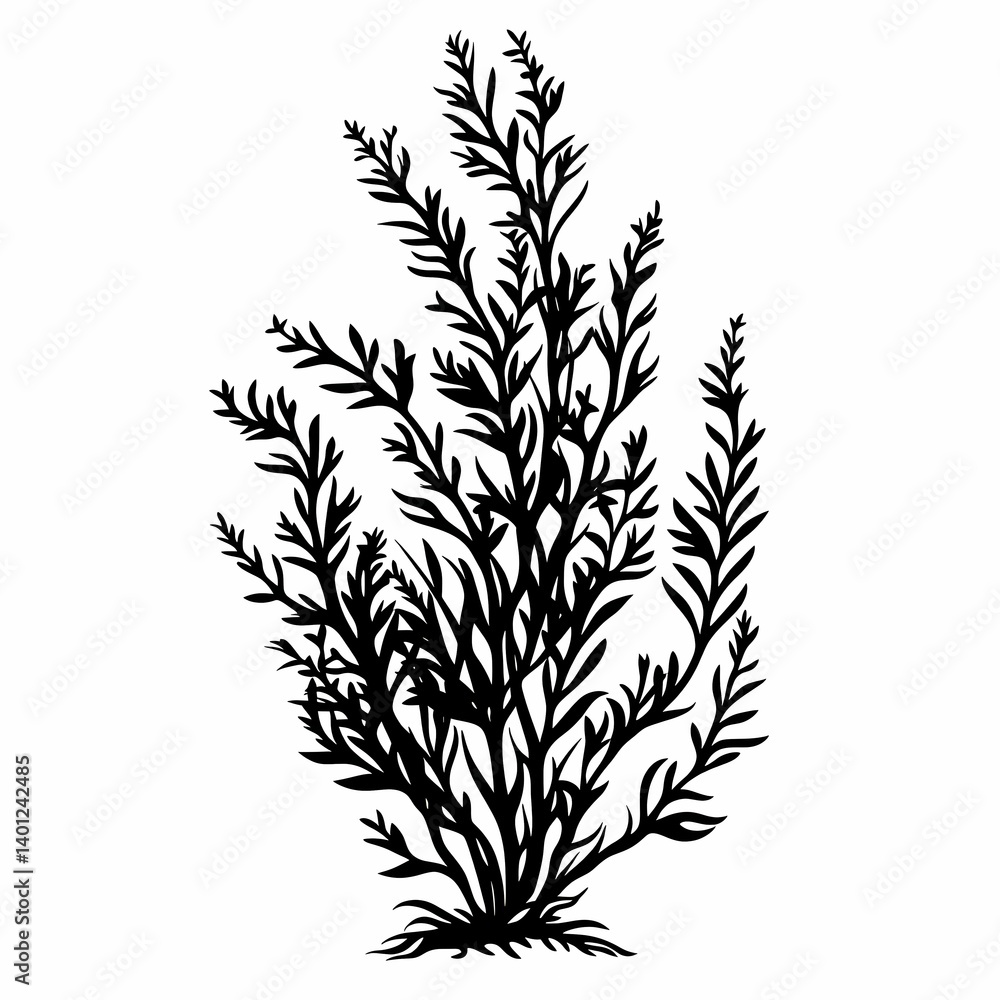Marine Botanical Illustrations. Black Silhouette Seaweed Flora for Eco-Friendly Design Marine Botanical Illustrations. Black Silhouette Seaweed Flora for Eco-Friendly Design