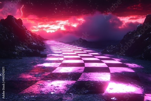 A retro-futuristic Memphis web banner with checkerboard patterns, chrome finishes, and pixelated glitches, 80s synthwave vibe, neon pink and cyan, dramatic side lighting