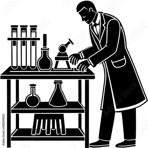 A silhouette of a lab technician wearing gloves, carefully arranging laboratory equipment on a table