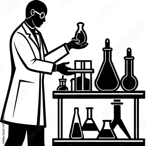 A silhouette of a lab technician wearing gloves, carefully arranging laboratory equipment on a table