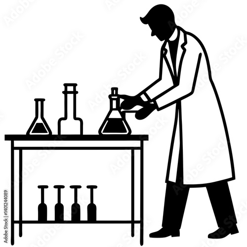 A silhouette of a lab technician wearing gloves, carefully arranging laboratory equipment on a table