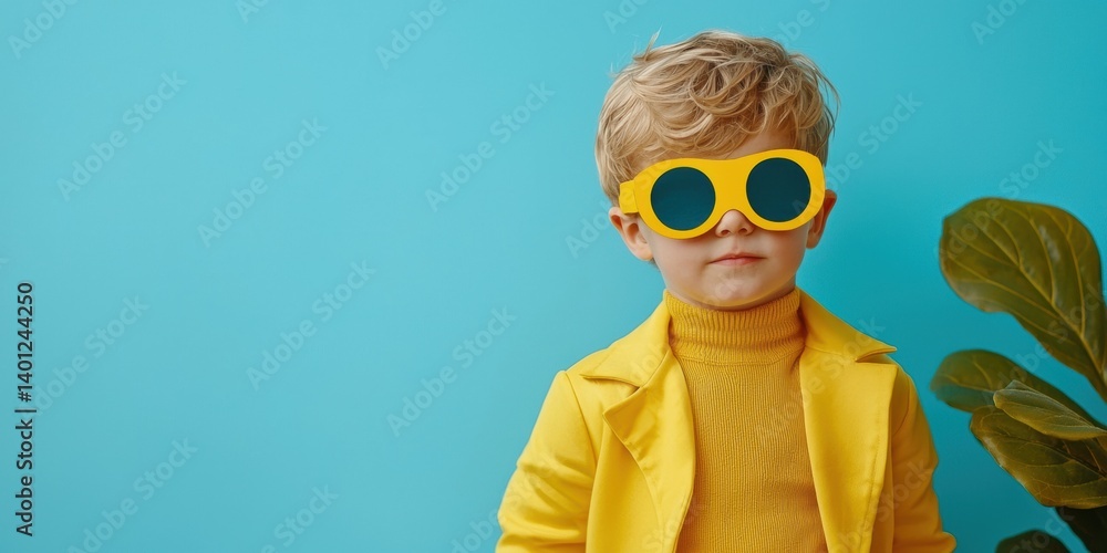 Fototapeta premium A stylish child wearing yellow glasses and a matching coat poses against a bright blue background, exuding a playful and trendy vibe.