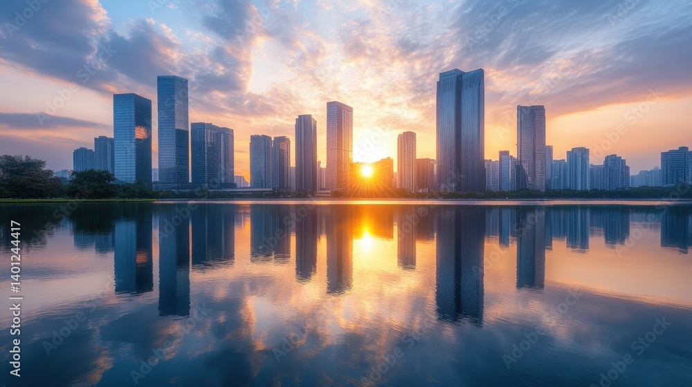 Fototapeta premium Sunset reflections between skyscrapers create a vibrant urban skyline in the heart of the city