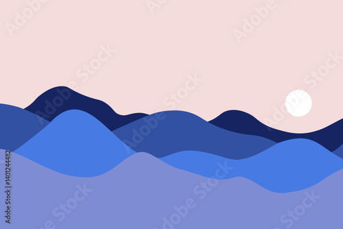 Blue mountain landscape background or ocean waves at sunrise in flat style. Illustrations of abstract, minimalistic calm and serene scene.