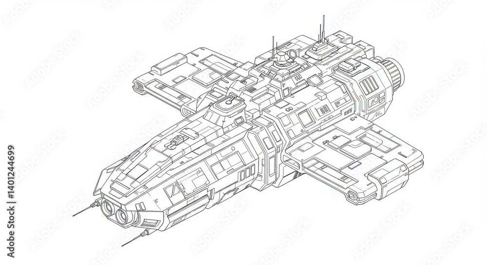 Obraz premium Intricate Line Art Isometric Spaceship Design