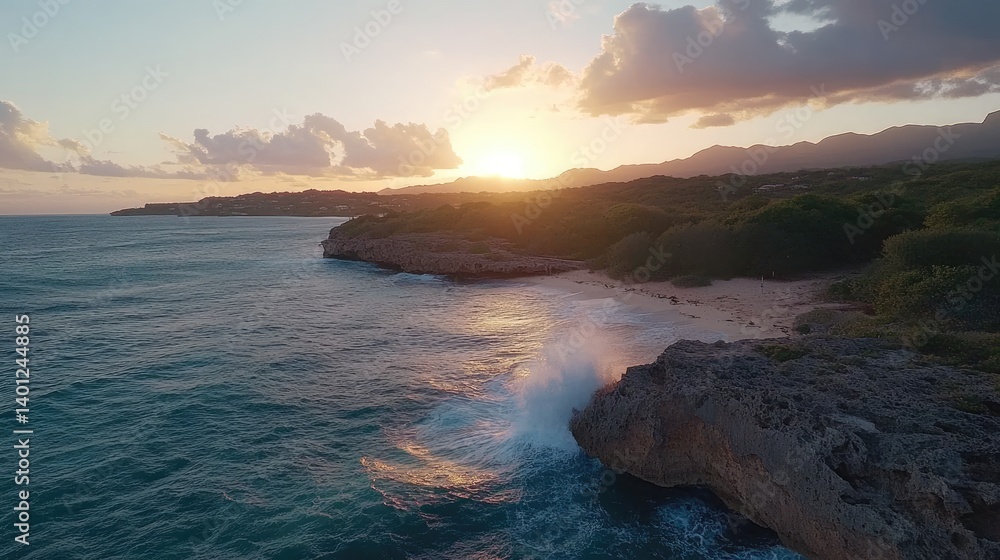 sea view from above of ocean waves crashing against rocky cliffs with the sun setting on the horizon as a backdrop. sea view from above of ocean waves crashing against rocky cliffs with the sun setting on the horizon as a backdrop.
