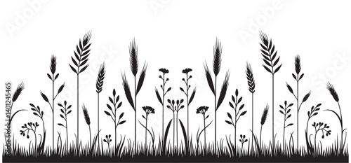Detailed Silhouette of Wild Grasses and Plants in Nature