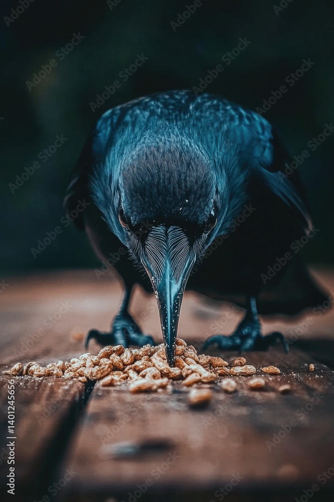 Naklejka premium Black bird eating peanuts