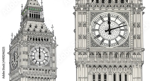 Detailed Line Art of Big Ben Clock Tower