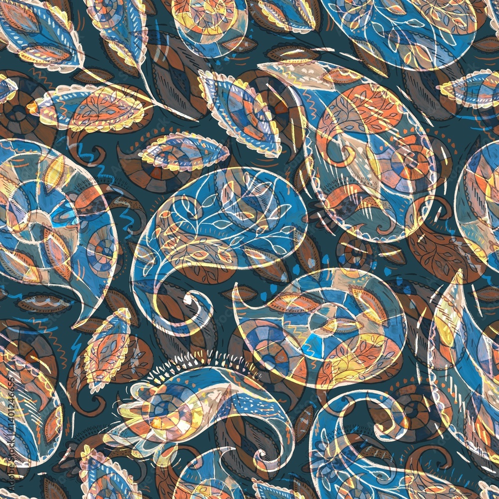 Fototapeta premium Colorful paisley pattern with intricate designs in teal, orange, and yellow hues. The abstract, hand-drawn style creates a vibrant, artistic, and bohemian feel.