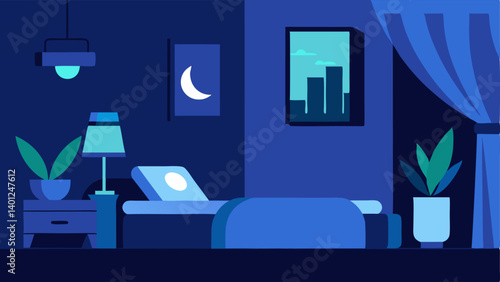 Sleep Environment Optimization An illustration of a bedroom with low blue light blackout curtains and calming plants with wearable tech p on the bedside table.