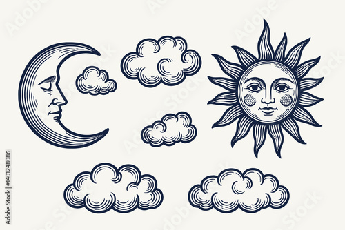 Vintage engraving of sun moon clouds