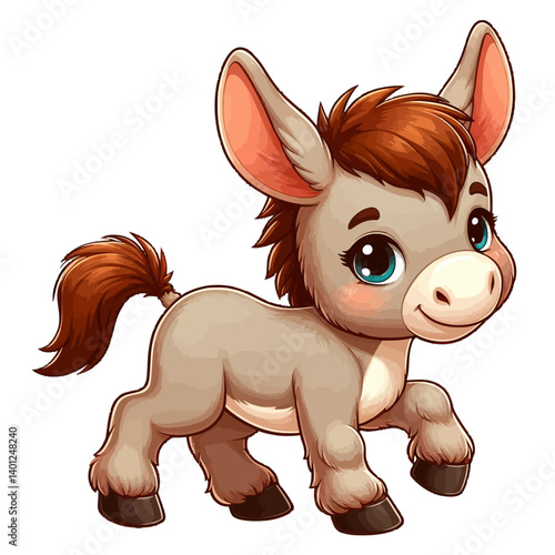 Charming cartoon illustration of a cute chibi-style donkey with big, adorable eyes, a gentle smile, and a playful pose. Represents adorable animals, farm animals, and children's themes.