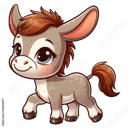 Charming cartoon illustration of a cute chibi-style donkey with big, adorable eyes, a gentle smile, and a playful pose. Represents adorable animals, farm animals, and children's themes.